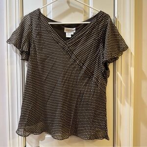 Adrianna Papell Brown Polka Dot Women's Chiffon-like flutter Top
